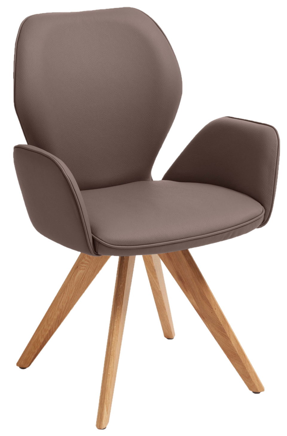 Moderner brauner Sessel mit gepolstertem Sitz und Rückenlehne, Holzbeine, seitliche Perspektive