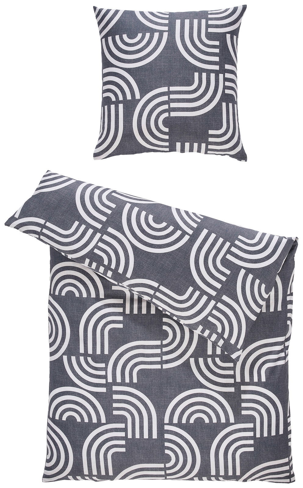 Bettwäsche-Set mit modernem, geometrischem Muster in Grau und Weiß, bestehend aus einem Kissenbezug und einem Bettdeckenbezug, aus der Vogelperspektive fotografiert.