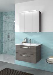 Moderner Badblock mit zwei Schubladen und Waschbecken, seitliche Perspektive