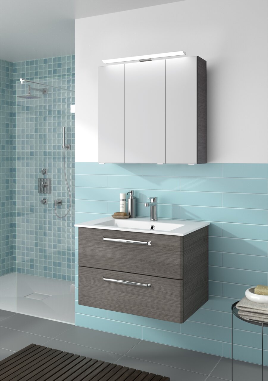 Moderner Badblock mit zwei Schubladen und Waschbecken, seitliche Perspektive