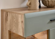 Nahaufnahme einer Wohnwand mit Holzstruktur und grünlicher Front, seitliche Perspektive