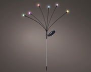 Solar Stabbeleuchtung mit mehreren bunten LED-Lichtern, die von einem zentralen Punkt ausstrahlen, seitliche Perspektive.