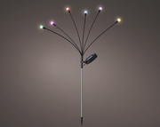 Solar Stabbeleuchtung mit mehreren bunten LED-Lichtern, die von einem zentralen Punkt ausstrahlen, seitliche Perspektive.