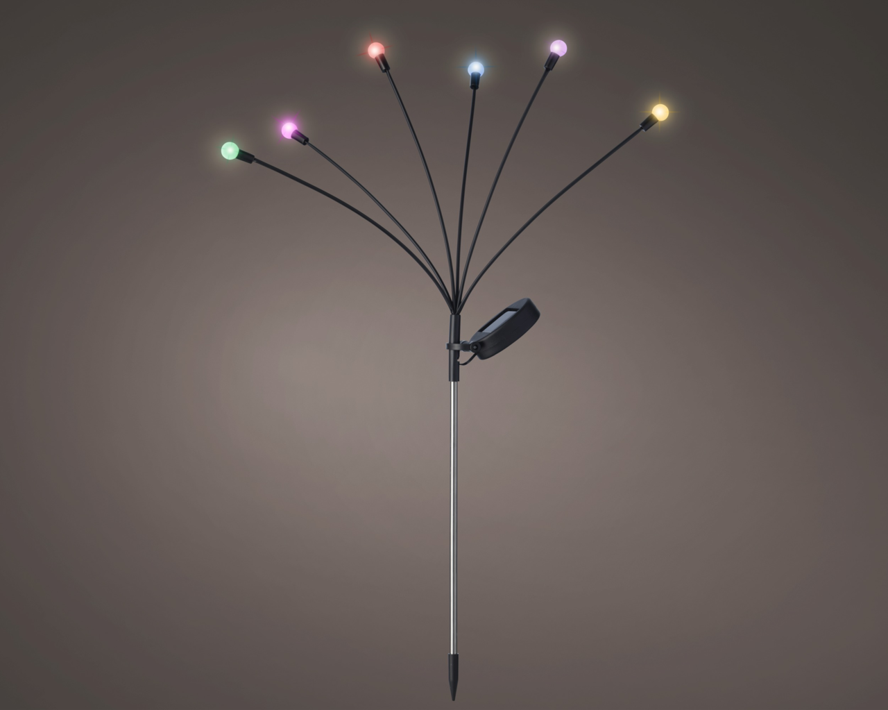 Solar Stabbeleuchtung mit mehreren bunten LED-Lichtern, die von einem zentralen Punkt ausstrahlen, seitliche Perspektive.