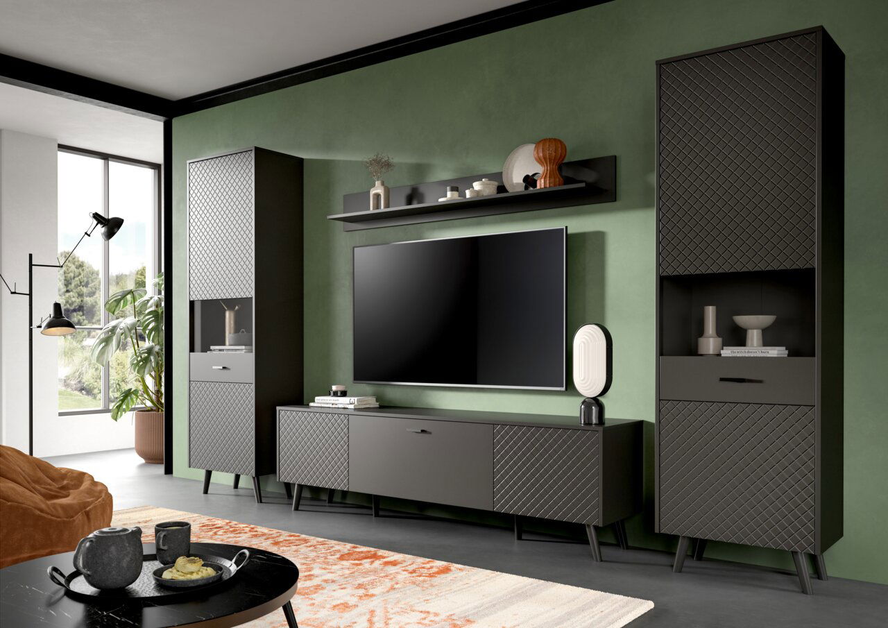 MID.YOU Vitrine LINEA Moderne Wohnzimmer-Vitrine in dunklem Design mit geometrischem Muster, frontal betrachtet.