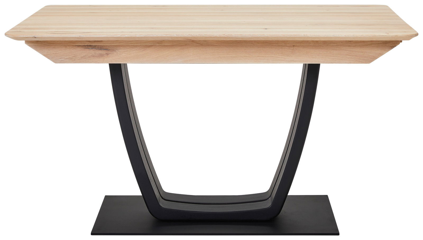 Moderner Esstisch mit Holzplatte und geschwungenem Metallgestell, Frontalansicht.