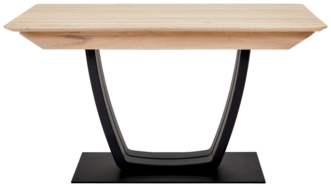 Moderner Esstisch mit Holzplatte und geschwungenem Metallgestell, Frontalansicht.