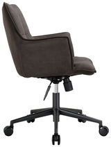 Seitliche Ansicht eines grauen Drehsessels mit Armlehnen und Rollen.