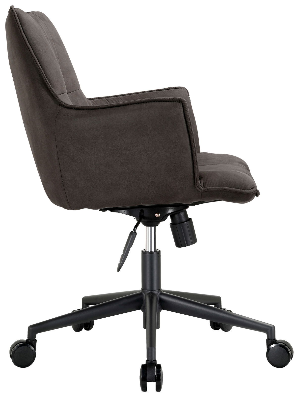 Seitliche Ansicht eines grauen Drehsessels mit Armlehnen und Rollen.