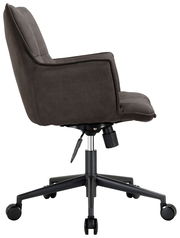 Seitliche Ansicht eines grauen Drehsessels mit Armlehnen und Rollen.