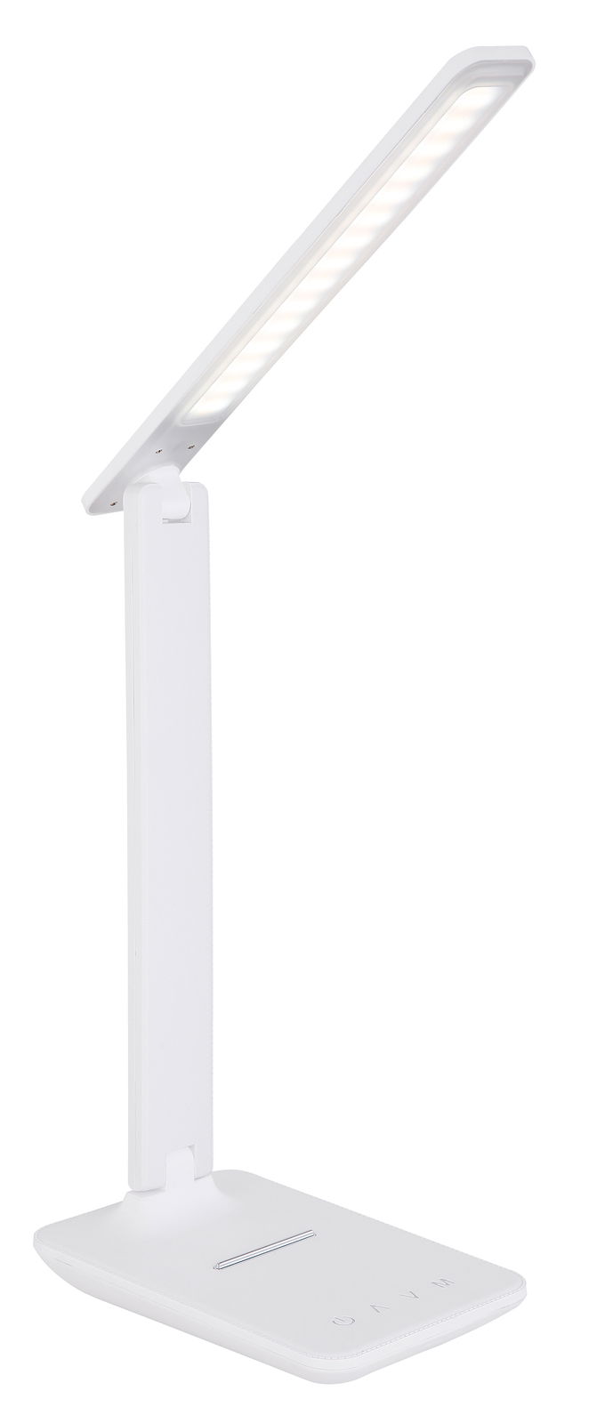 Moderne weiße Tischleuchte aus Kunststoff mit schlankem, verstellbarem Arm, seitliche Perspektive