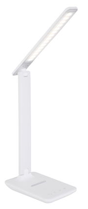 Moderne weiße Tischleuchte aus Kunststoff mit schlankem, verstellbarem Arm, seitliche Perspektive