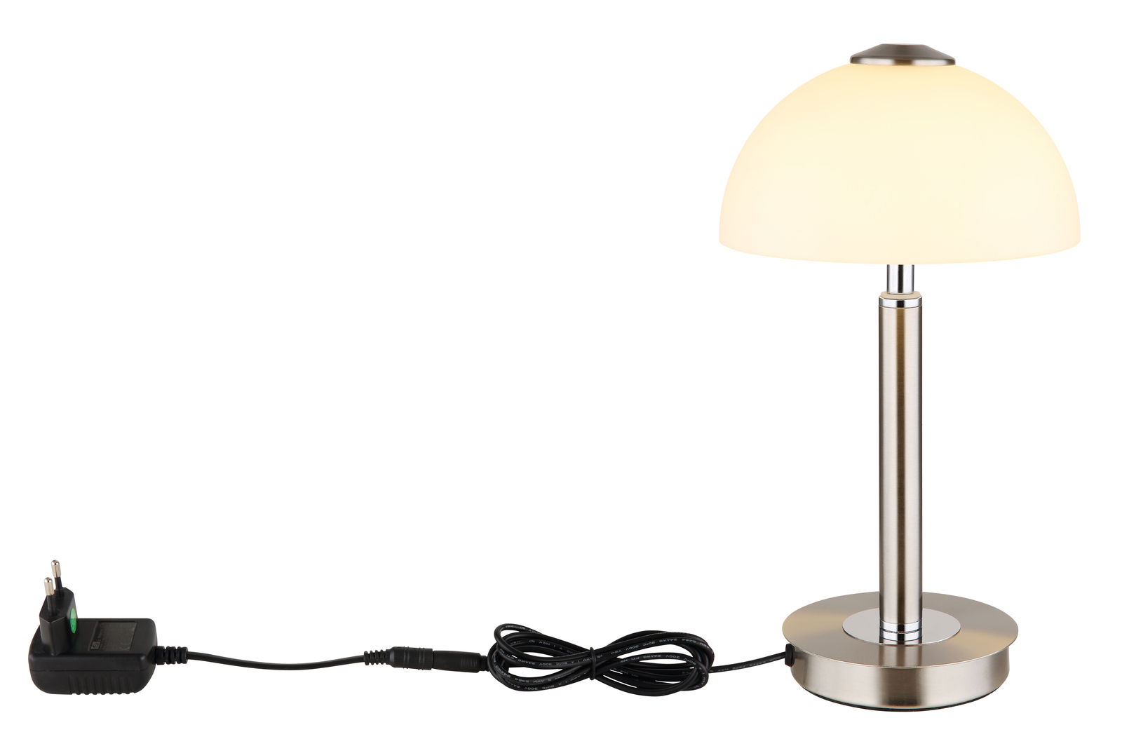 Tischleuchte ULDIN mit Metallfuß und weißem Lampenschirm, seitliche Perspektive