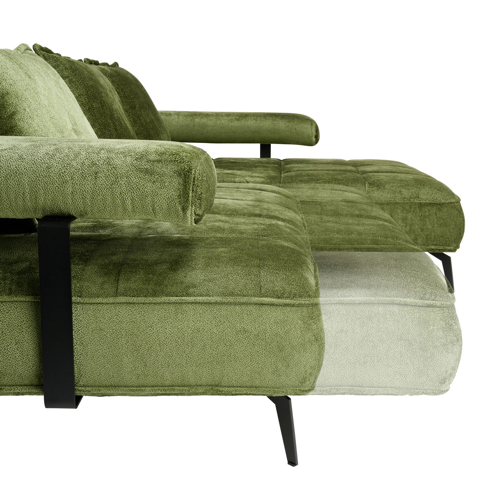 Grüne Longchairkombination mit schwarzem Metallgestell, seitliche Perspektive