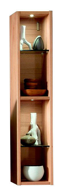 Hängeregal aus Holz mit drei Glasböden, dekoriert mit Vasen und Schalen, seitliche Perspektive