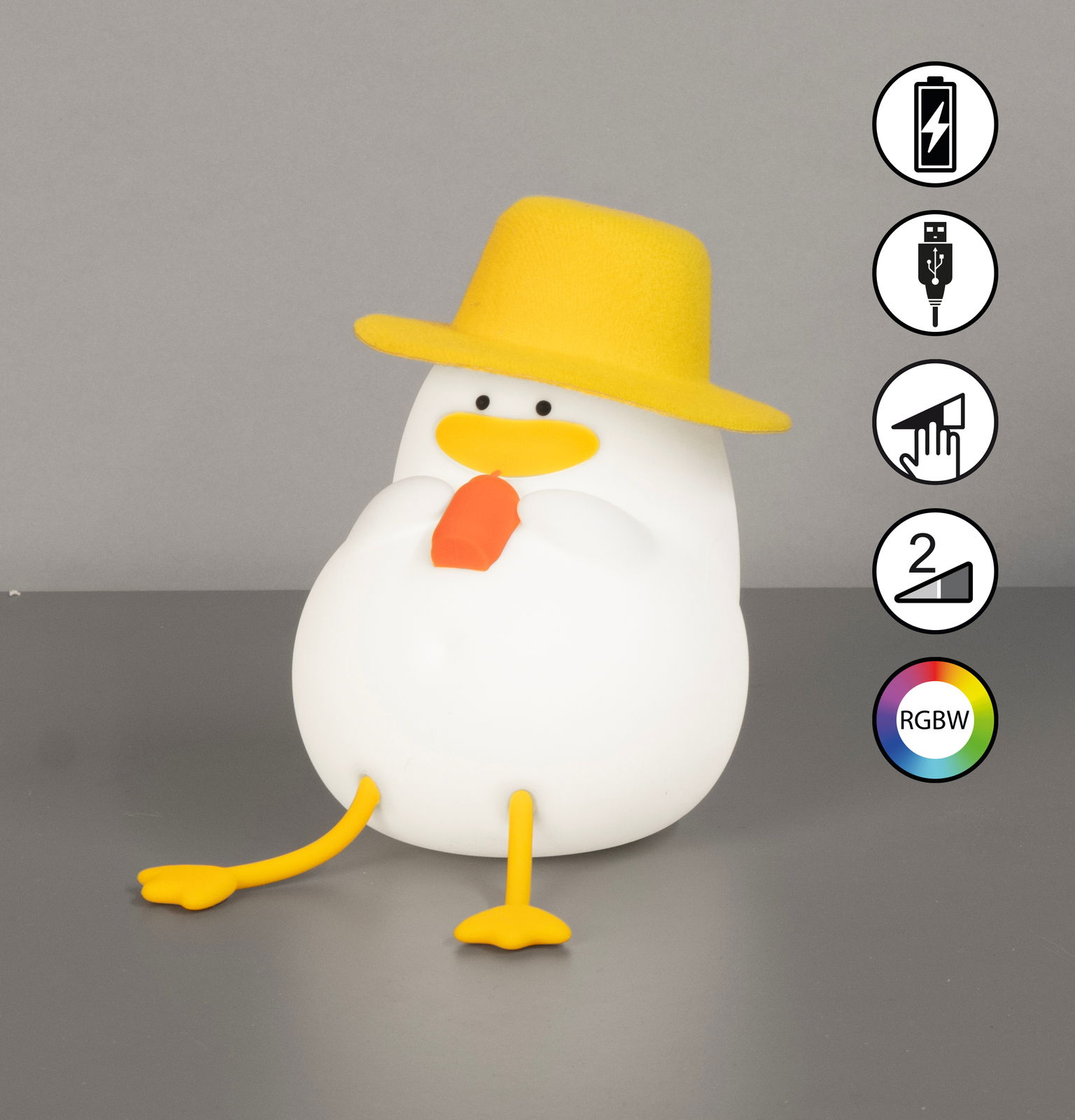 Niedliches Akku-Nachtlicht in Form einer Ente mit gelbem Hut und orangefarbenem Schnabel, seitliche Perspektive.