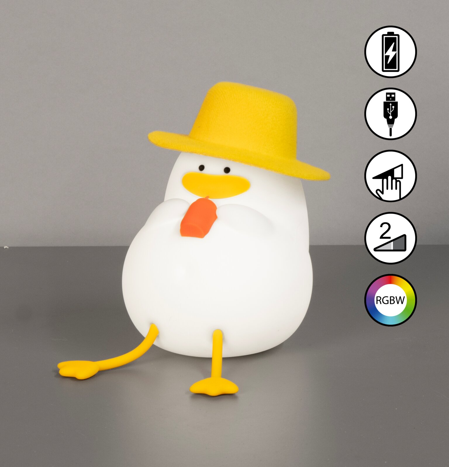 Niedliches Akku-Nachtlicht in Form einer Ente mit gelbem Hut und orangefarbenem Schnabel, seitliche Perspektive.