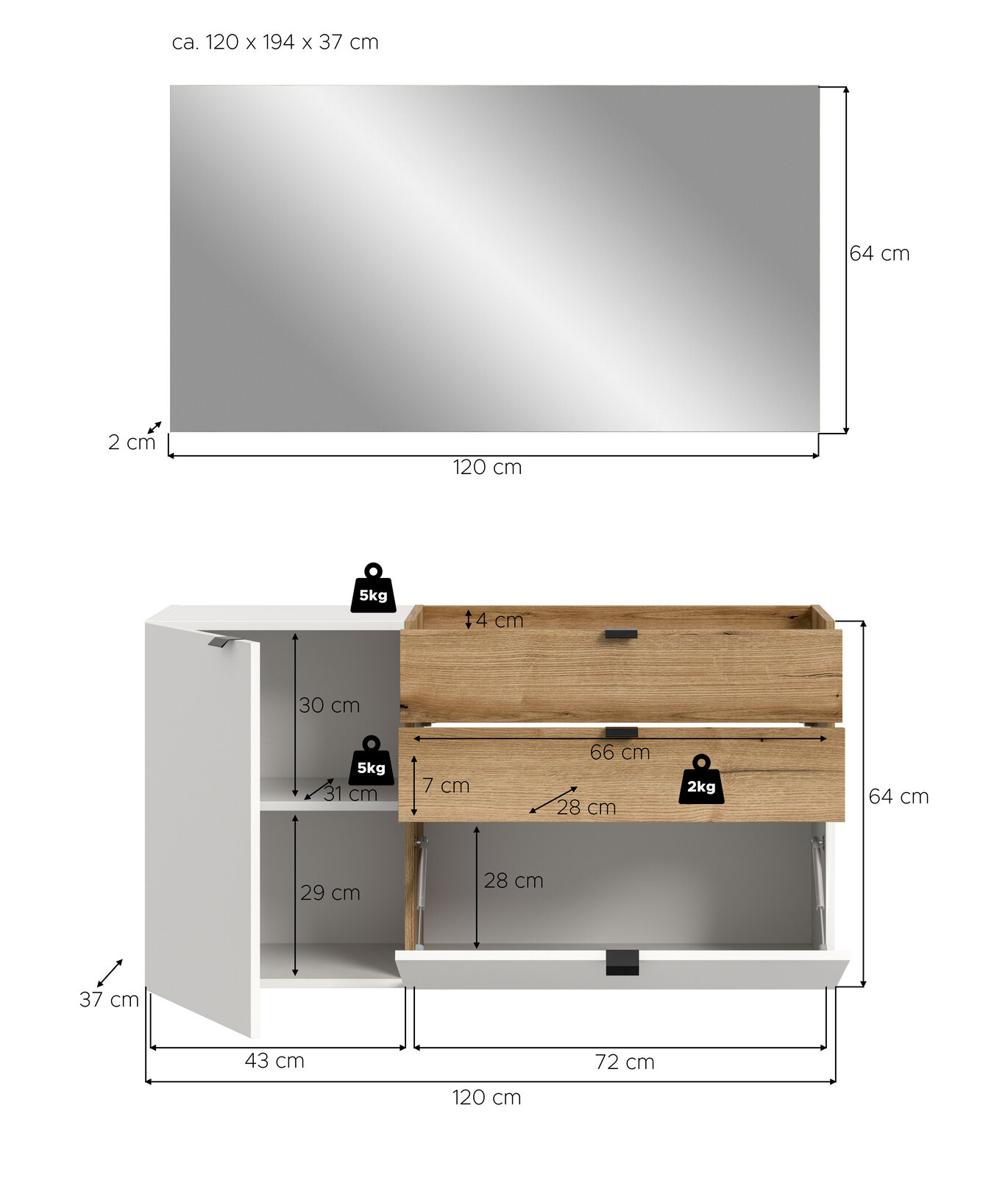 Wandhängendes Sideboard/Schuhschrank in Weiß und Holzoptik mit Klappe und Tür, Maße ca. 120 x 64 x 37 cm, Frontansicht mit Maßangaben und geöffneter Klappe/Tür.