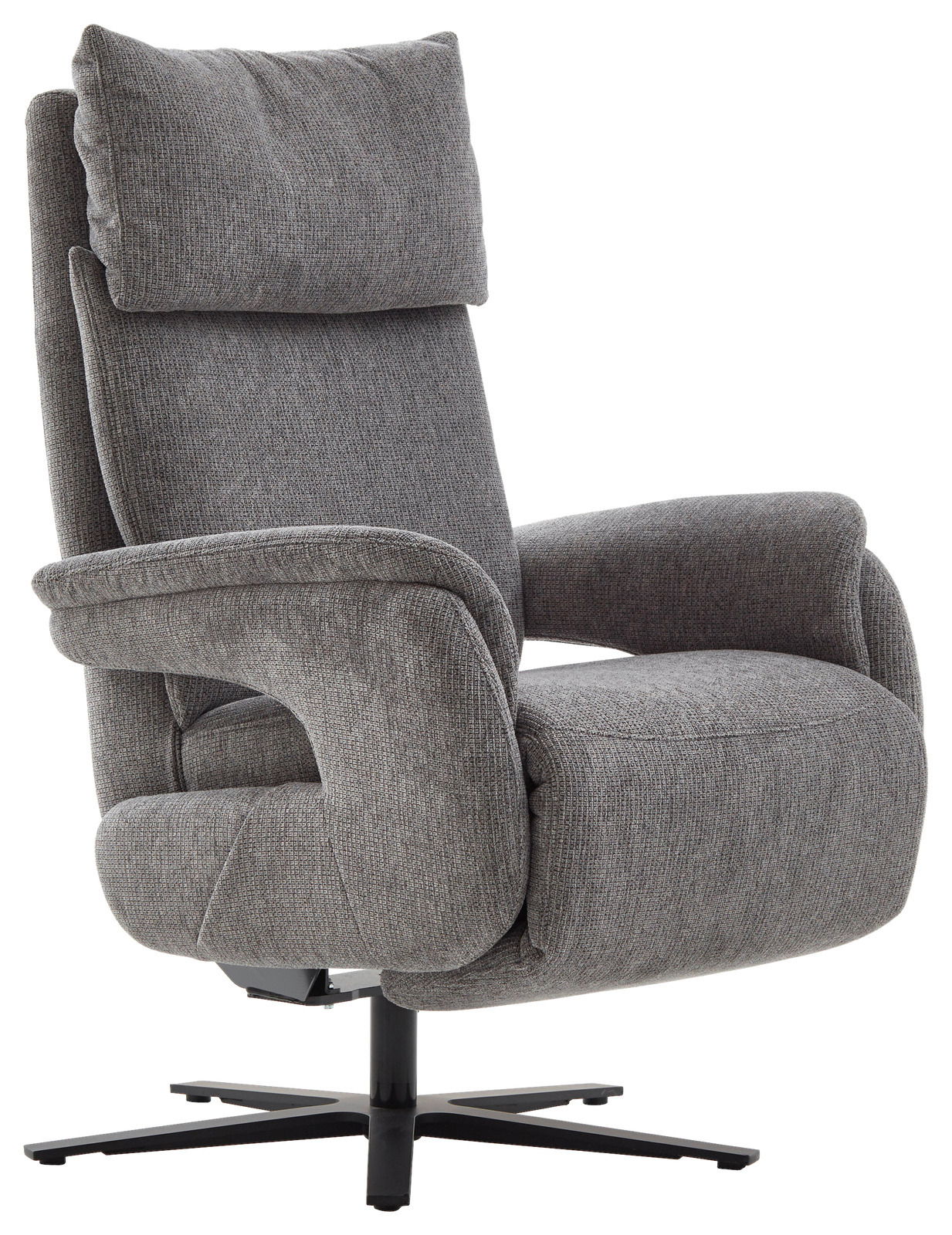 Grauer Fernsehsessel mit hoher Rückenlehne und Armlehnen, seitliche Perspektive