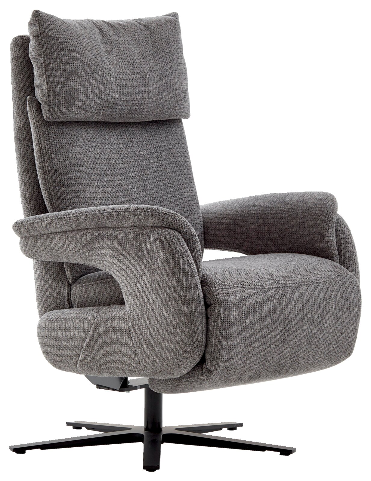 Grijze tv-fauteuil met hoge rugleuning en armleuningen, zijaanzicht