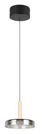 Moderne Pendelleuchte Celeste mit schwarzem Baldachin, Holzdetail und rundem, transparentem Lampenschirm, seitliche Perspektive