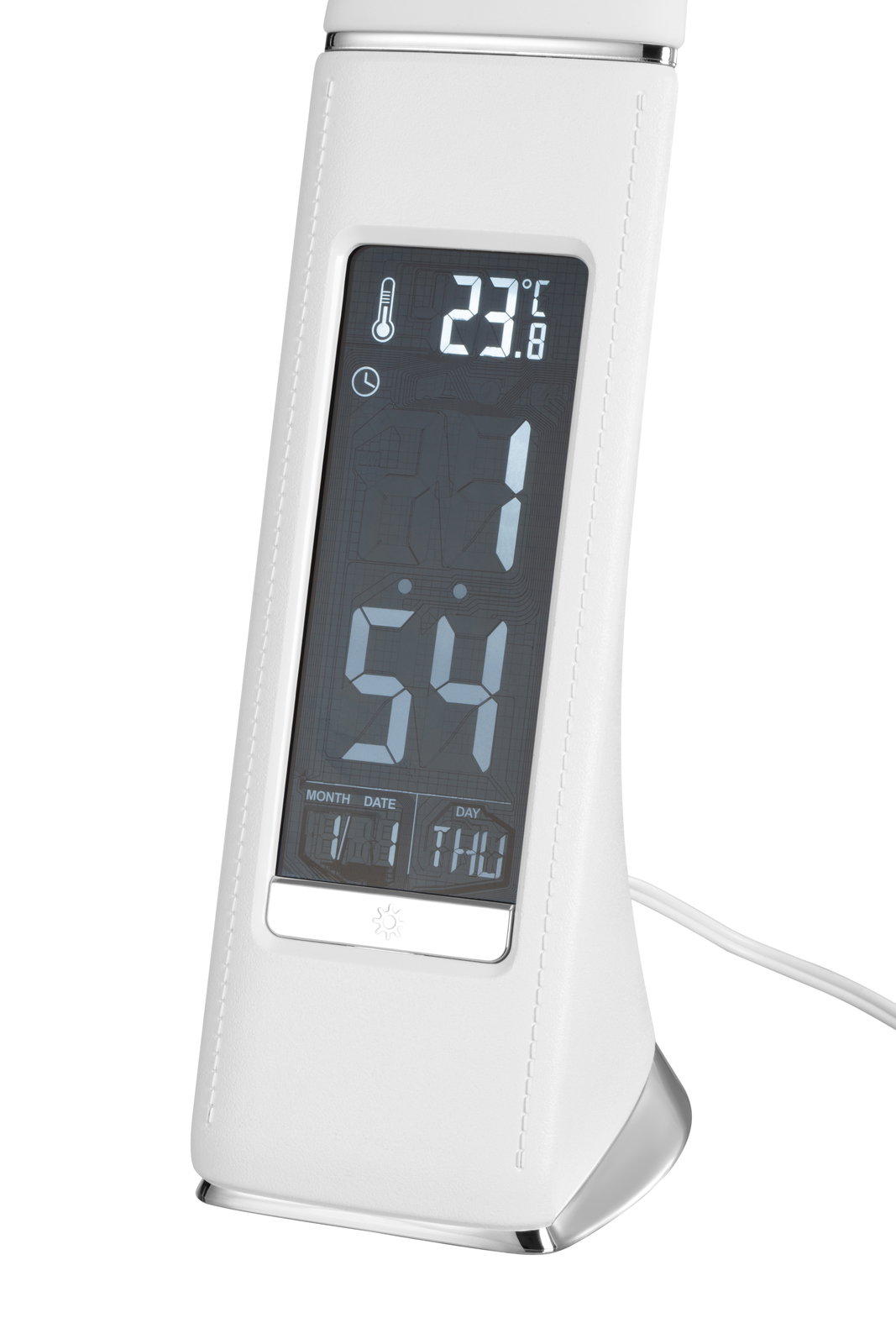 Novel LED-Schreibtischlampe LED-Schreibtischleuchte mit integriertem Display, das Temperatur, Uhrzeit und Datum anzeigt, seitliche Perspektive