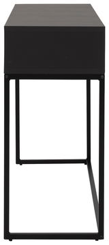 Schwarze Konsole mit minimalistischem Design, seitliche Perspektive