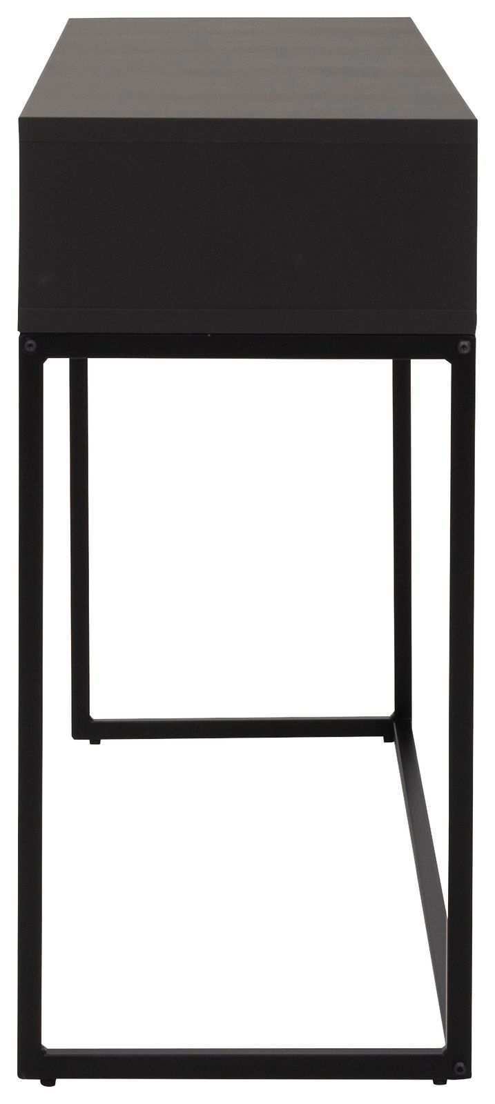 Schwarze Konsole mit minimalistischem Design, seitliche Perspektive