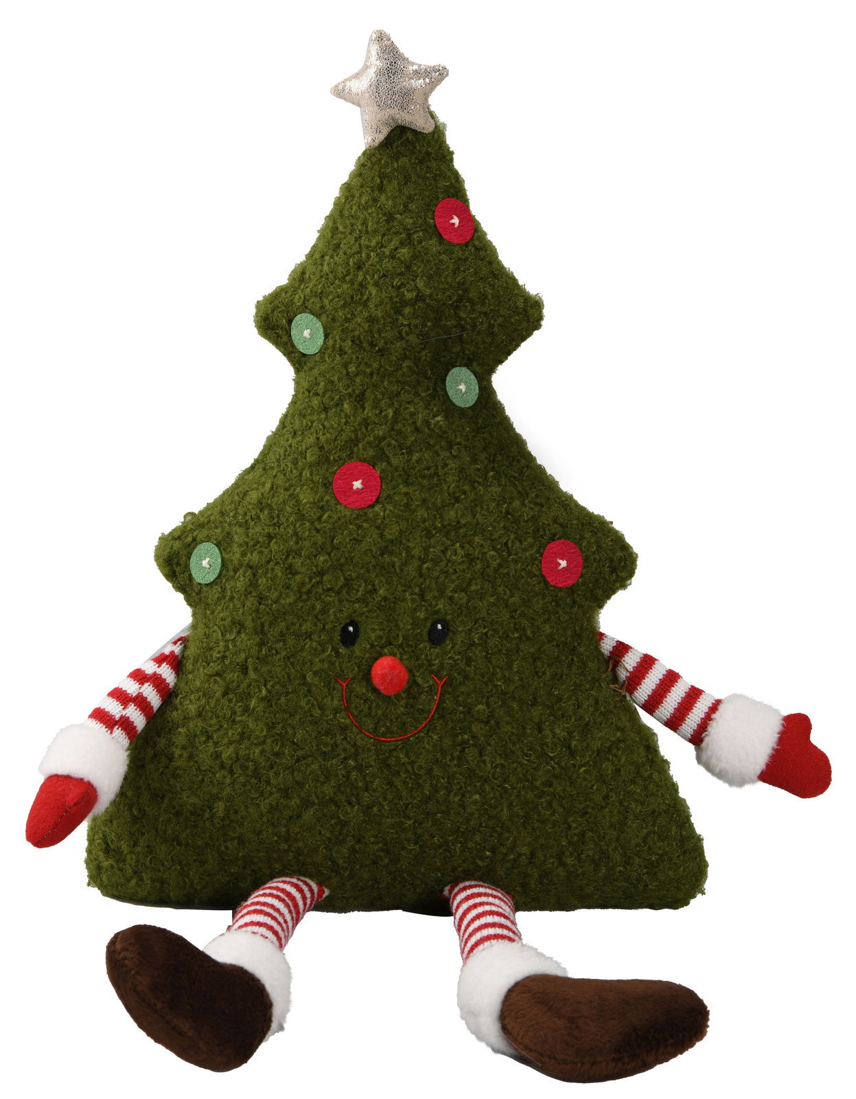 Frontalansicht eines weihnachtlichen Zierkissens in Form eines Tannenbaums mit Gesicht, Armen und Beinen, verziert mit bunten Knöpfen und einem silbernen Stern an der Spitze.