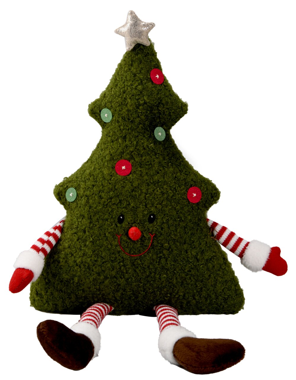 Vooraanzicht van een kerstkussen in de vorm van een dennenboom met een gezicht, armen en benen, versierd met kleurrijke knopen en een zilveren ster aan de top.