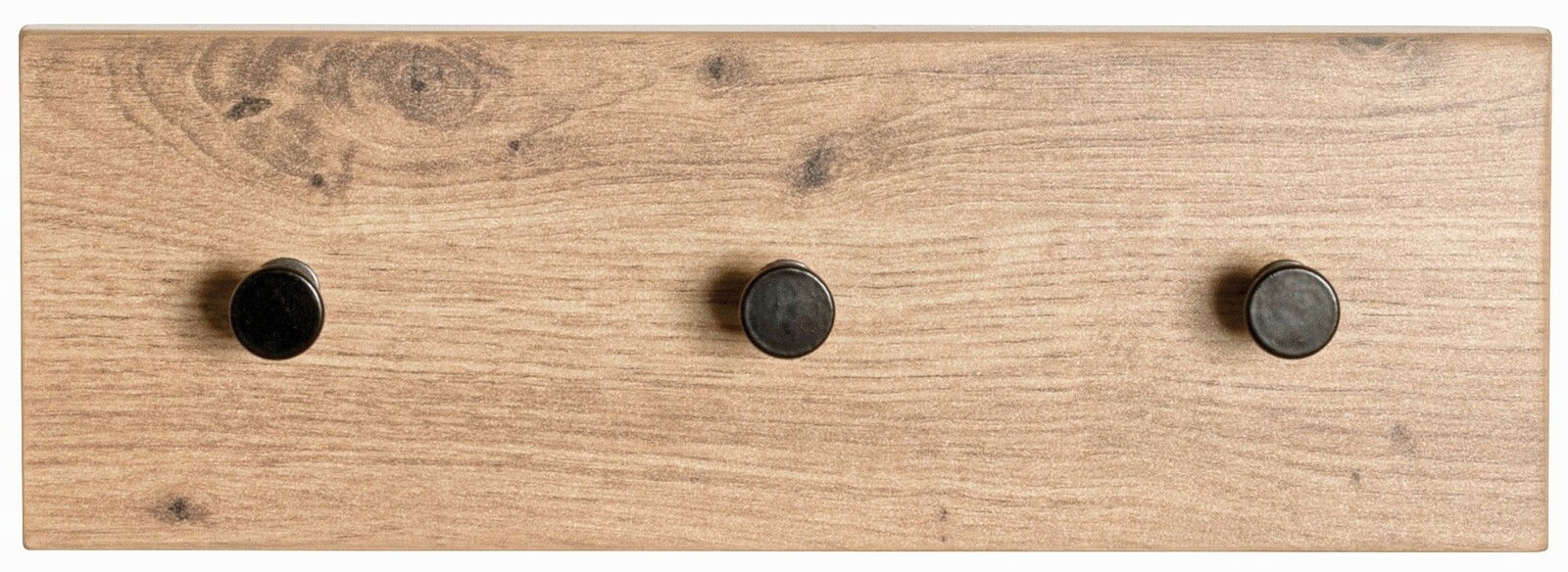 XORA Garderobenleiste PARMA Holzgarderobenleiste mit drei schwarzen Haken, frontal betrachtet.