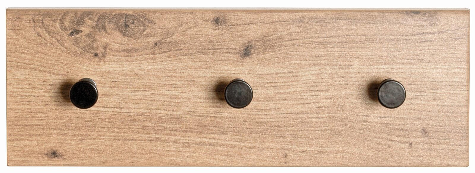 XORA Garderobenleiste PARMA Holzgarderobenleiste mit drei schwarzen Haken, frontal betrachtet.