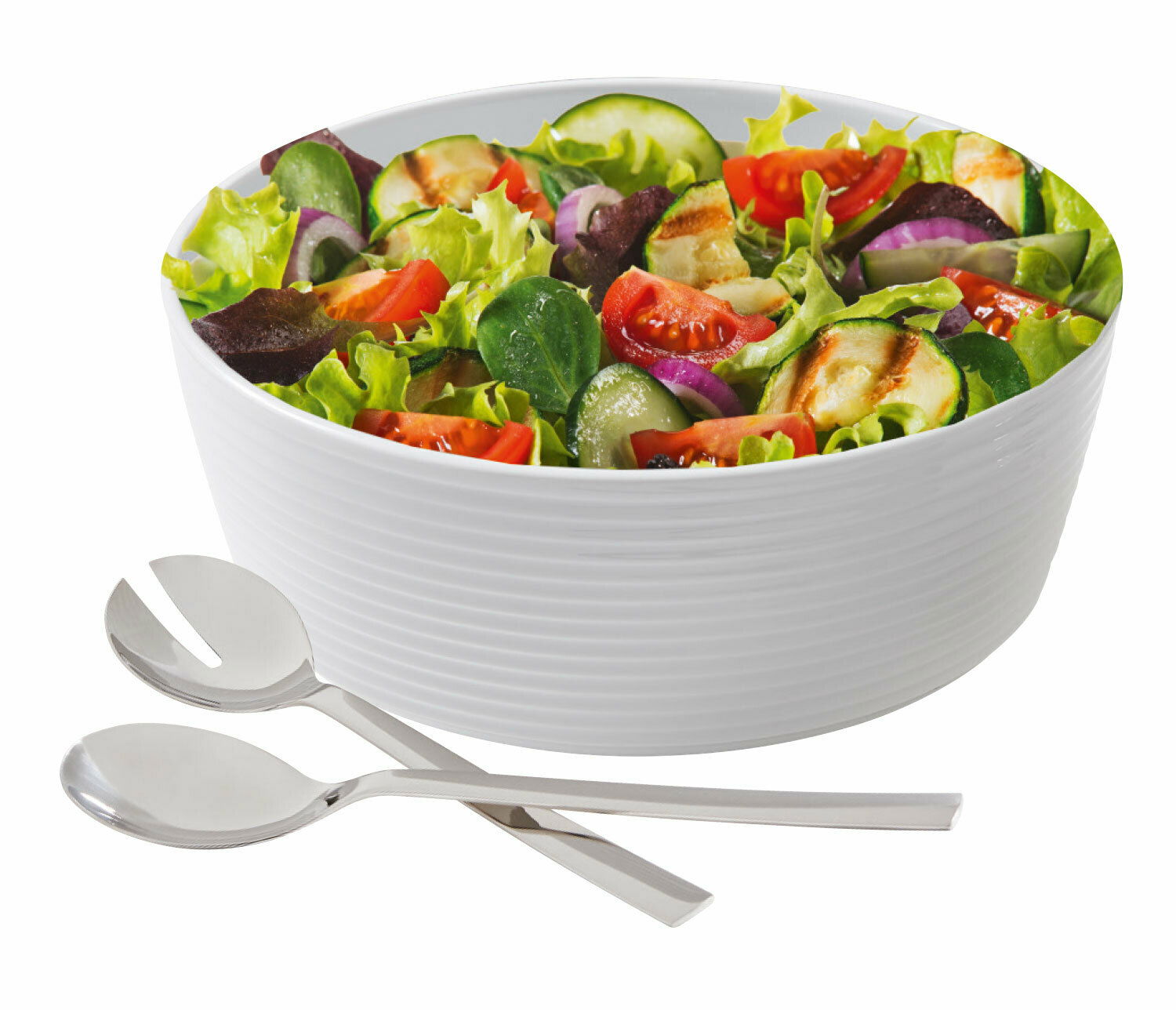 Salat-Set Nuova 3-tlg. mit einer großen weißen Schüssel voller frischem Salat und zwei Edelstahl-Salatbestecken, seitliche Perspektive
