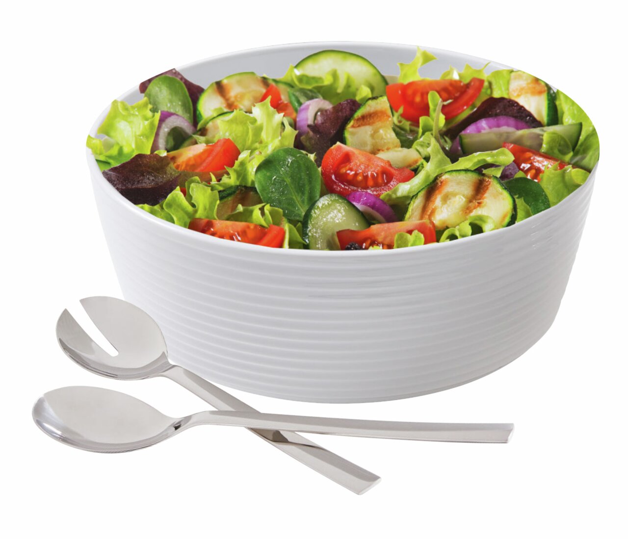WMF Salat-Set 3-tlg. Salat-Set Nuova 3-tlg. mit einer großen weißen Schüssel voller frischem Salat und zwei Edelstahl-Salatbestecken, seitliche Perspektive