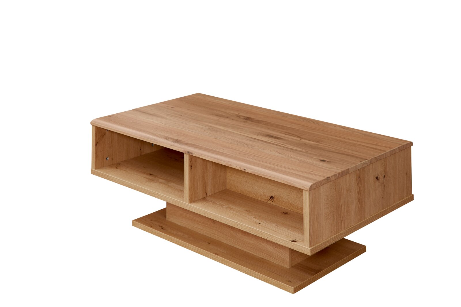 Cantus Salontafel REIMS Houten salontafel met open vakken en brede bodemplaat, natuurhoutlook, schuin van voren (3/4-perspectief) gefotografeerd op witte achtergrond.
