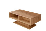 Houten salontafel met open vakken en brede bodemplaat, natuurhoutlook, schuin van voren (3/4-perspectief) gefotografeerd op witte achtergrond.