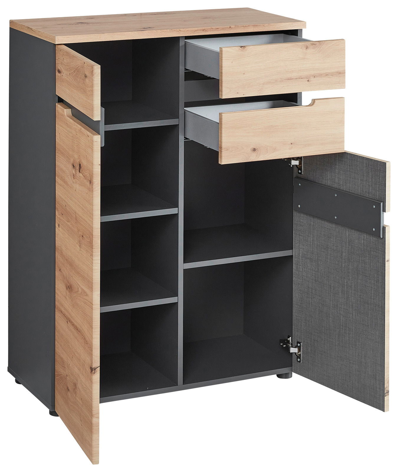 Kommode mit Holz- und Metallelementen, offene Schubladen und Türen, seitliche Perspektive