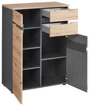 Kommode mit Holz- und Metallelementen, offene Schubladen und Türen, seitliche Perspektive