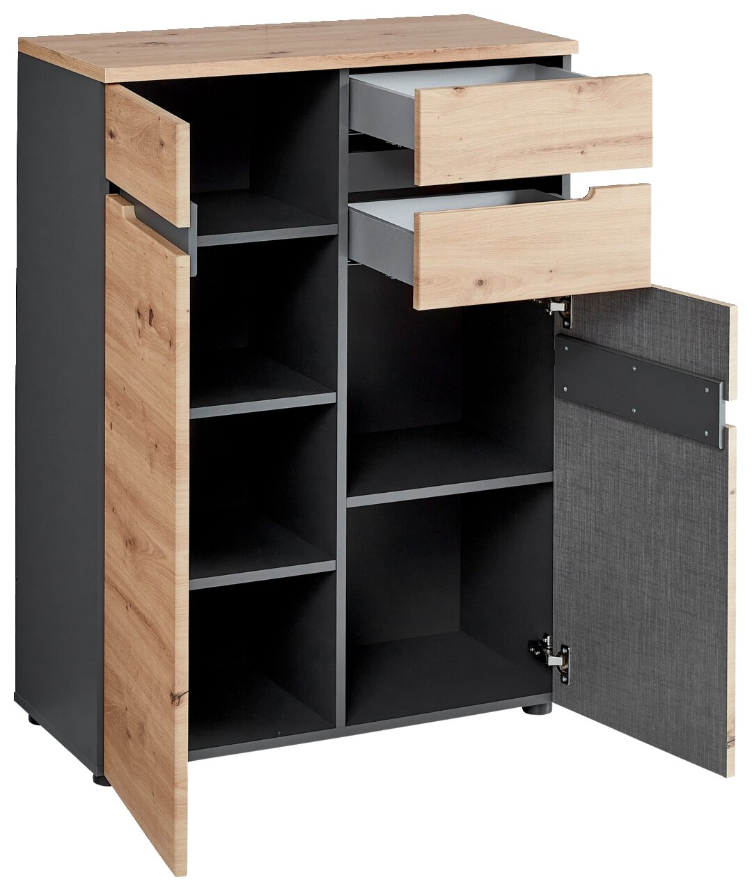 Kommode mit Holz- und Metallelementen, offene Schubladen und Türen, seitliche Perspektive