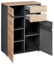 Kommode mit Holz- und Metallelementen, offene Schubladen und Türen, seitliche Perspektive