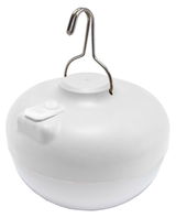 Runde, weiße Akku-Leuchte mit Haken, seitliche Perspektive