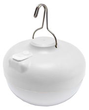 Runde, weiße Akku-Leuchte mit Haken, seitliche Perspektive