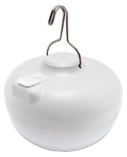 Runde, weiße Akku-Leuchte mit Haken, seitliche Perspektive