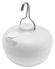 Runde, weiße Akku-Leuchte mit Haken, seitliche Perspektive