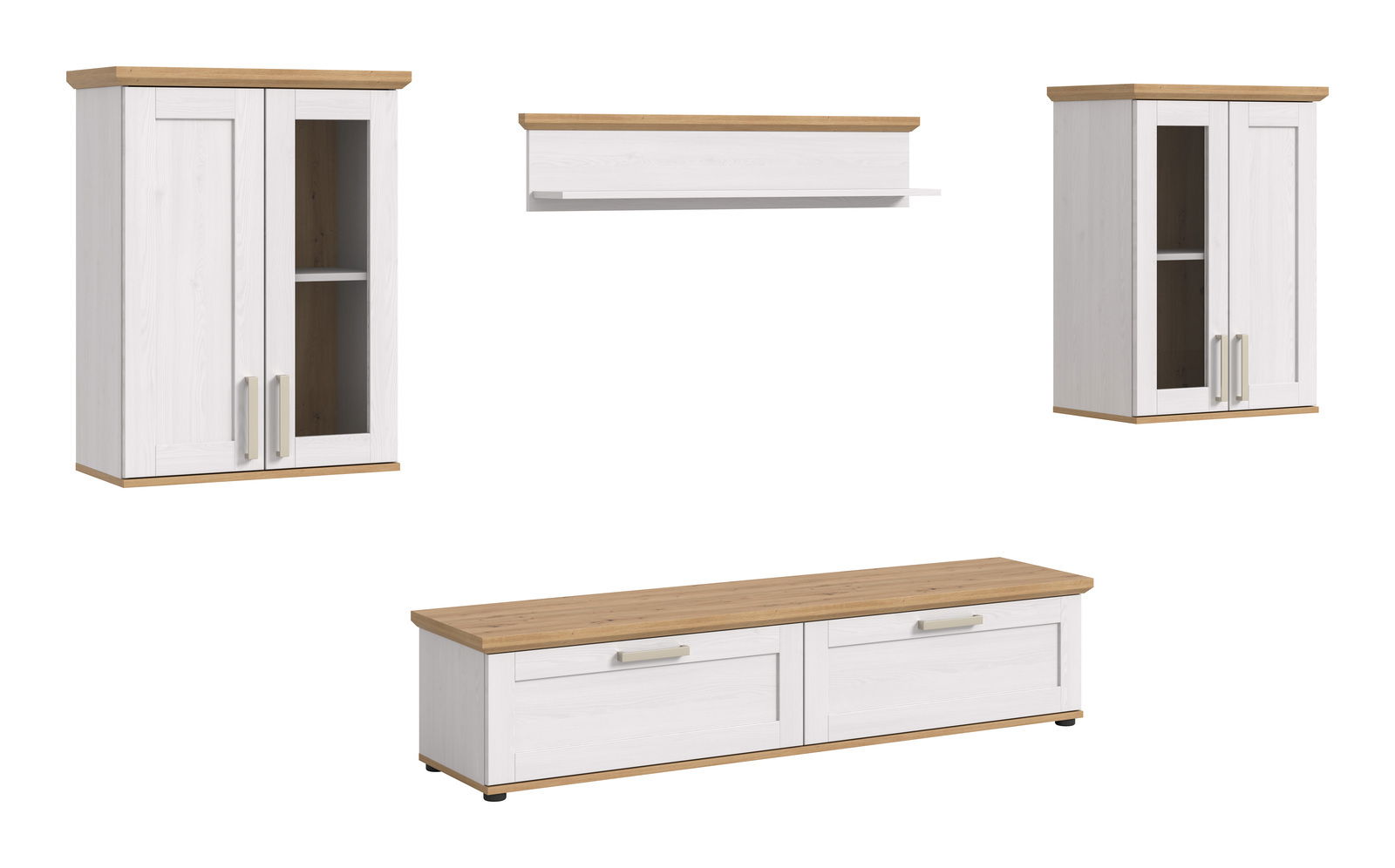 Wohnkombination in Weiß mit Holzoberflächen, bestehend aus zwei Hängeschränken, einem Wandregal und einem TV-Lowboard, frontal betrachtet.