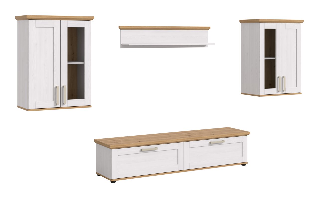 Wohnkombination in Weiß mit Holzoberflächen, bestehend aus zwei Hängeschränken, einem Wandregal und einem TV-Lowboard, frontal betrachtet.