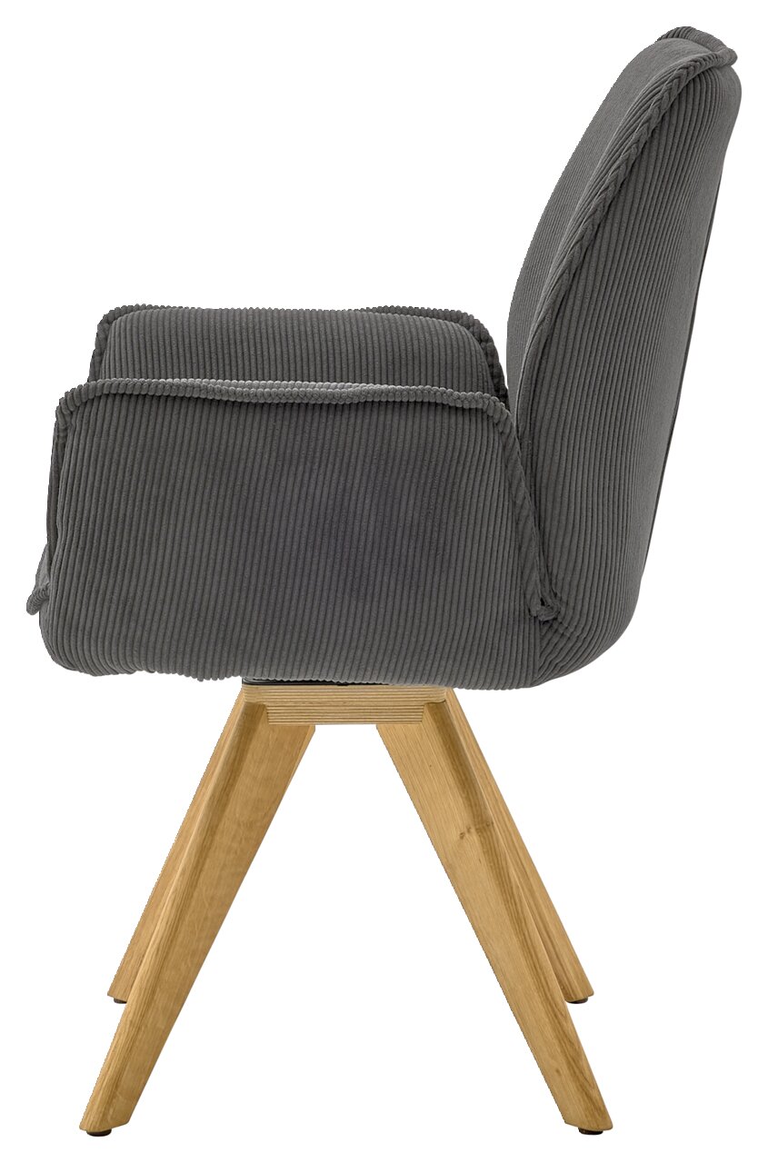 Seitenansicht eines grauen Armlehnstuhls mit Holzbeinen