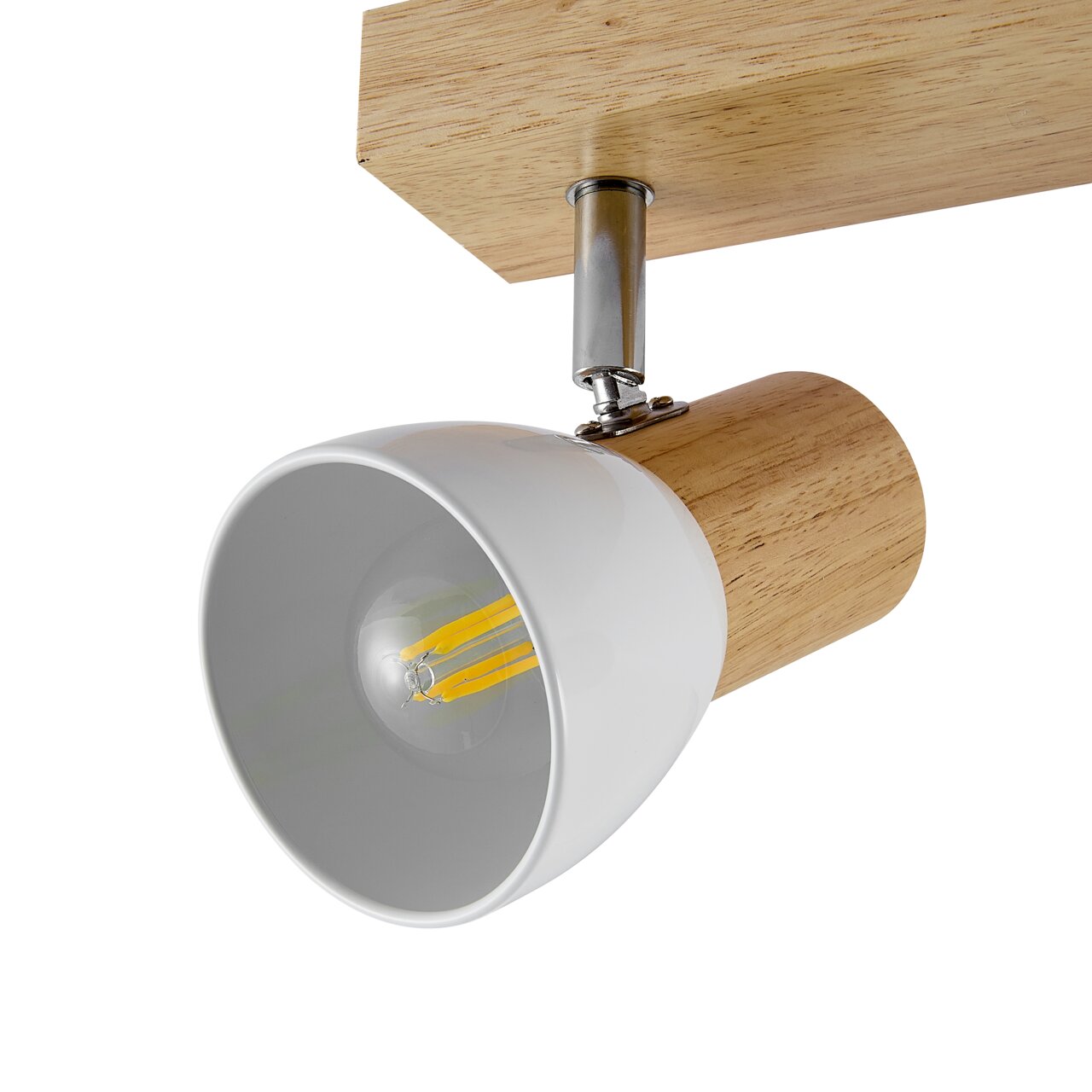 Moderner Strahler mit Holz- und Metallelementen, seitliche Perspektive