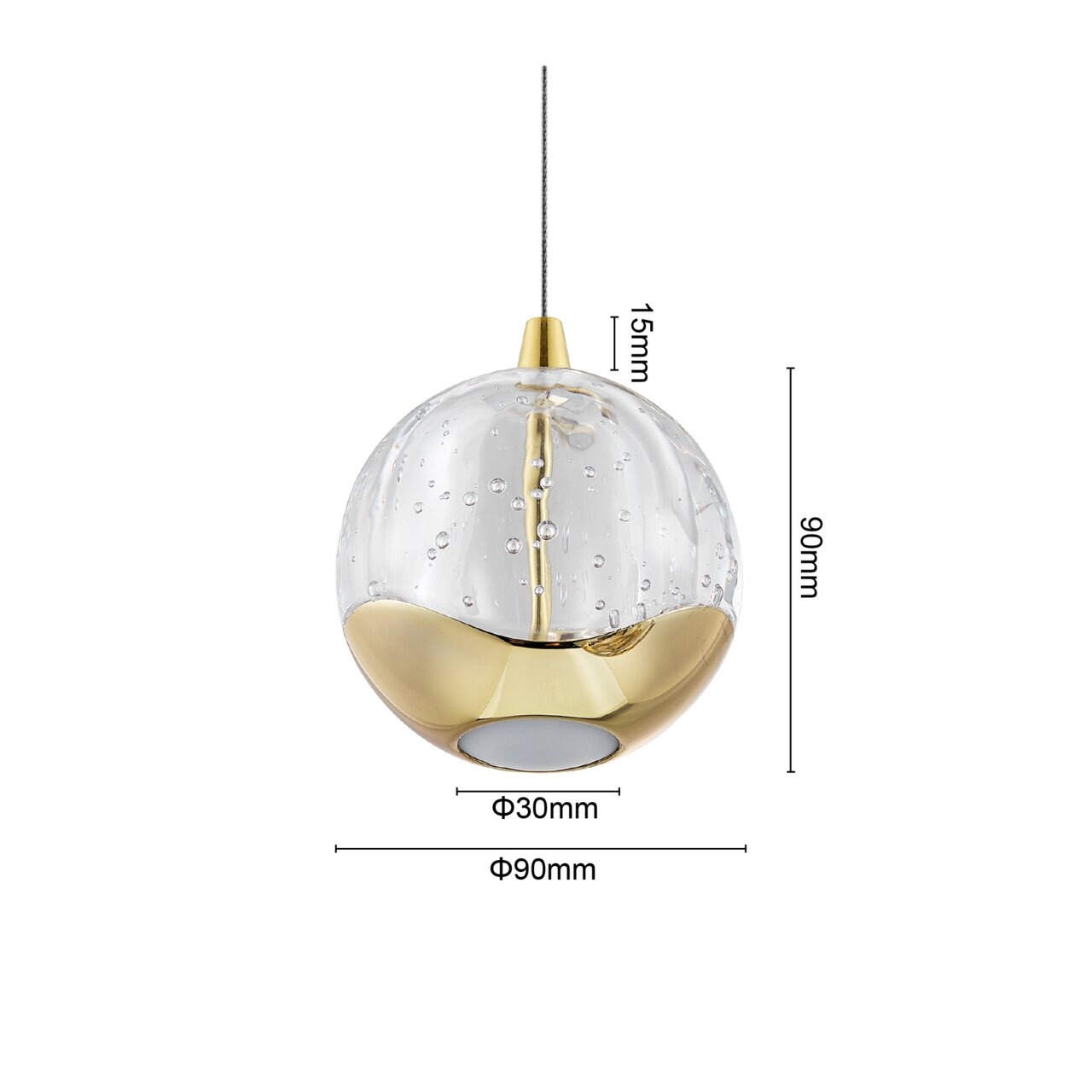 Elegante LED-Hängeleuchte von Dieter Knoll mit goldenen Akzenten und klarer Glaskugel, seitliche Perspektive.