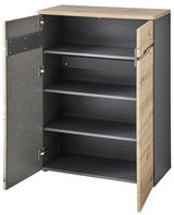 Offenes Highboard mit Holz- und Metallelementen, Frontansicht